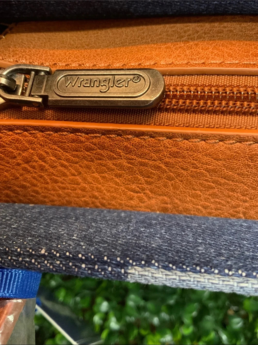 Wrangler Blue Aztec-Pattern Tote with Brown Trim and Braided Detail